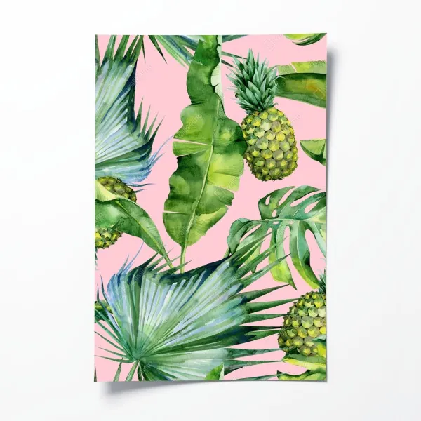 Plakat tropikalny wzór ananasów i liści w akwareli na różowym tle