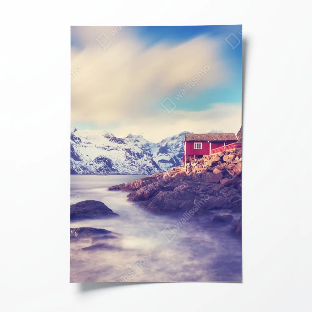 Plakat górski nadmorski krajobraz z czerwonymi domkami – Wallissimo® Plakat górski nadmorski krajobraz z czerwonymi domkami – Wallissimo®