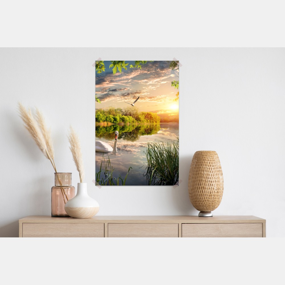Plakat zachód słońca z łabędziem nad jeziorem – Wallissimo® Plakat zachód słońca z łabędziem nad jeziorem – Wallissimo®