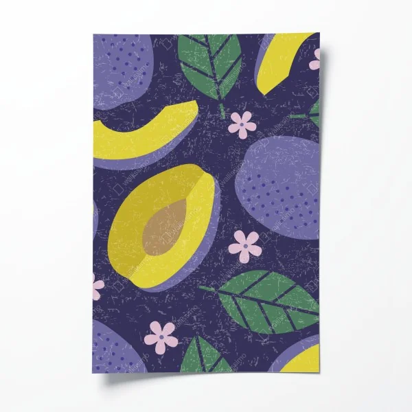 Plakat radosny wzór ze śliwkami i liśćmi