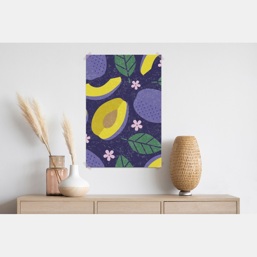 Plakat radosny wzór ze śliwkami i liśćmi – Wallissimo® Plakat radosny wzór ze śliwkami i liśćmi – Wallissimo®