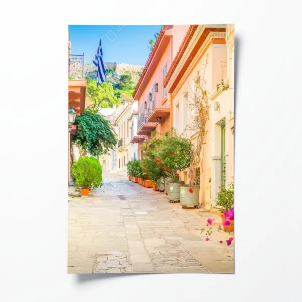 Plakat słoneczna grecka uliczka z bougainvilleą