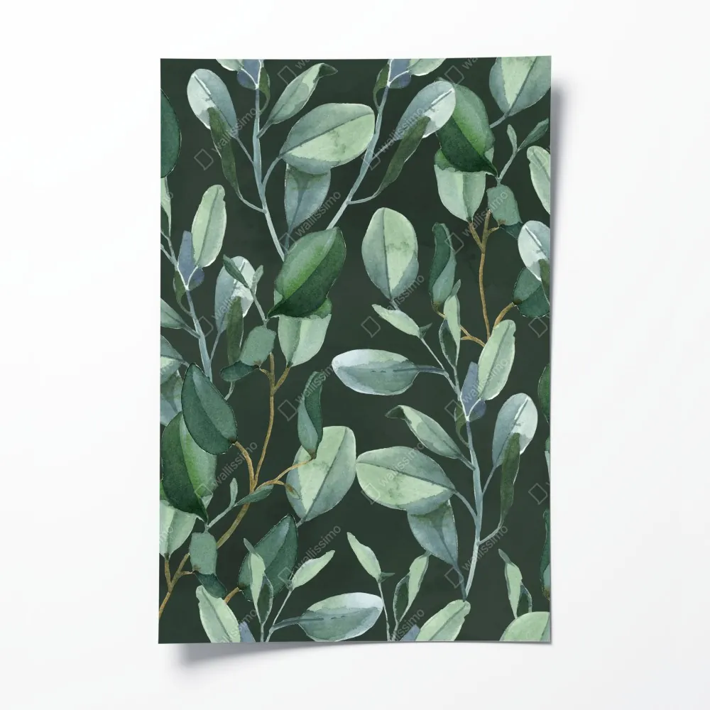 Plakat wzór akwarelowy z liśćmi eukaliptusa na ciemnozielonym tle – Wallissimo® Plakat wzór akwarelowy z liśćmi eukaliptusa na ciemnozielonym tle – Wallissimo®