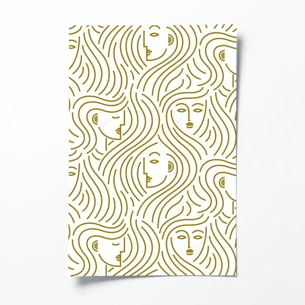 Plakat złote fale i abstrakcyjne twarze bezszwowy wzór