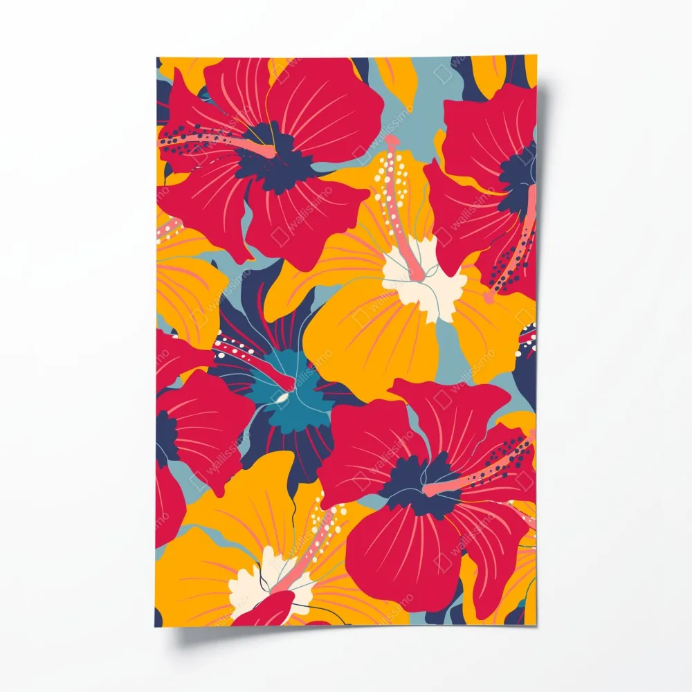 Plakat żywy wzór hibiskusa w stylu retro – Wallissimo® Plakat żywy wzór hibiskusa w stylu retro – Wallissimo®