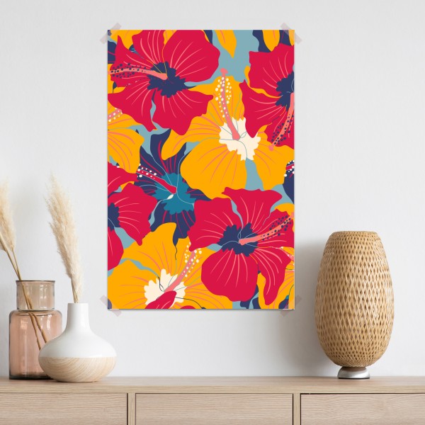 Plakat żywy wzór hibiskusa w stylu retro – Wallissimo® Plakat żywy wzór hibiskusa w stylu retro – Wallissimo®