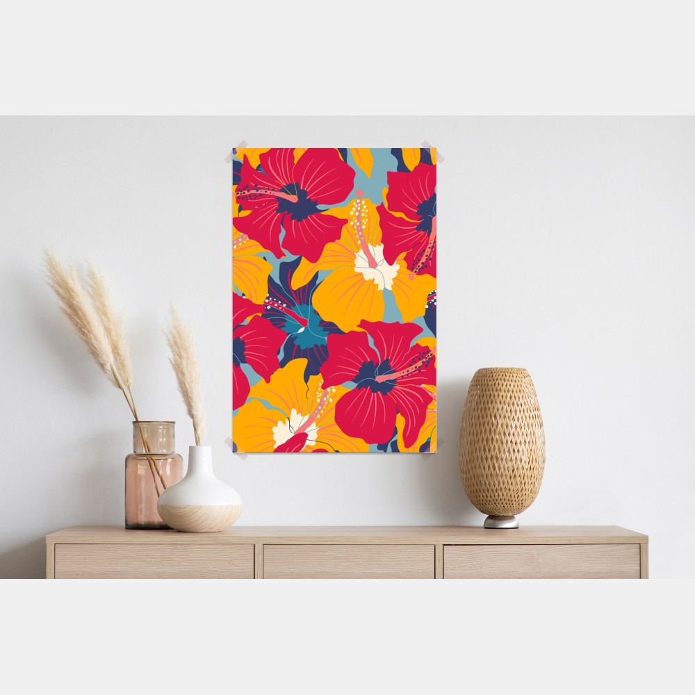 Plakat żywy wzór hibiskusa w stylu retro – Wallissimo® Plakat żywy wzór hibiskusa w stylu retro – Wallissimo®