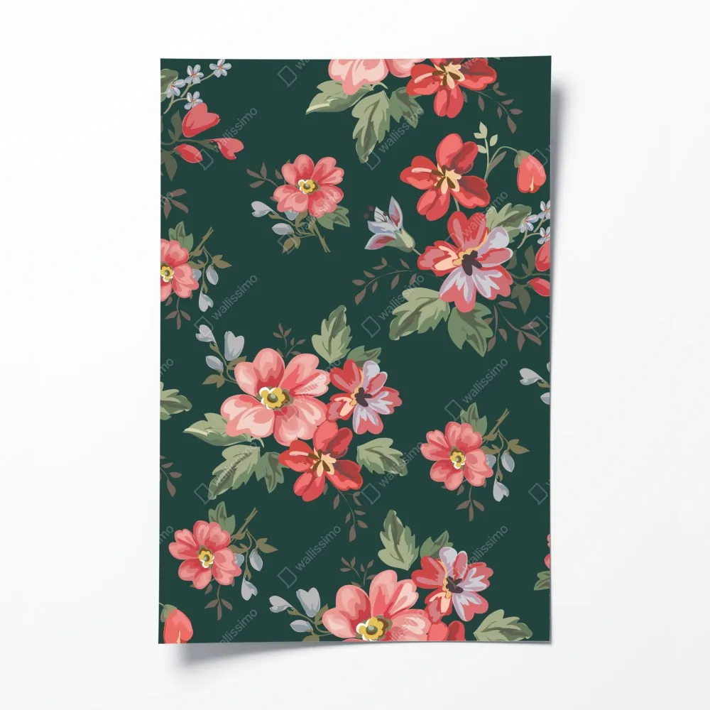 Plakat vintage różowy wzór kwiatowy na głębokiej zieleni – Wallissimo® Plakat vintage różowy wzór kwiatowy na głębokiej zieleni – Wallissimo®