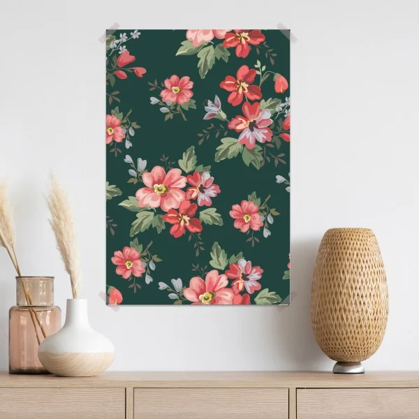 Plakat vintage różowy wzór kwiatowy na głębokiej zieleni – Wallissimo® Plakat vintage różowy wzór kwiatowy na głębokiej zieleni – Wallissimo®