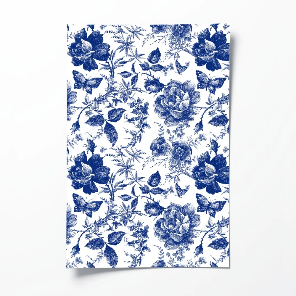 Plakat niebieski kwiatowy wzór toile – Wallissimo® Plakat niebieski kwiatowy wzór toile – Wallissimo®