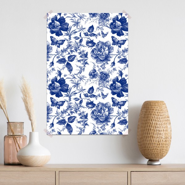 Plakat niebieski kwiatowy wzór toile – Wallissimo® Plakat niebieski kwiatowy wzór toile – Wallissimo®