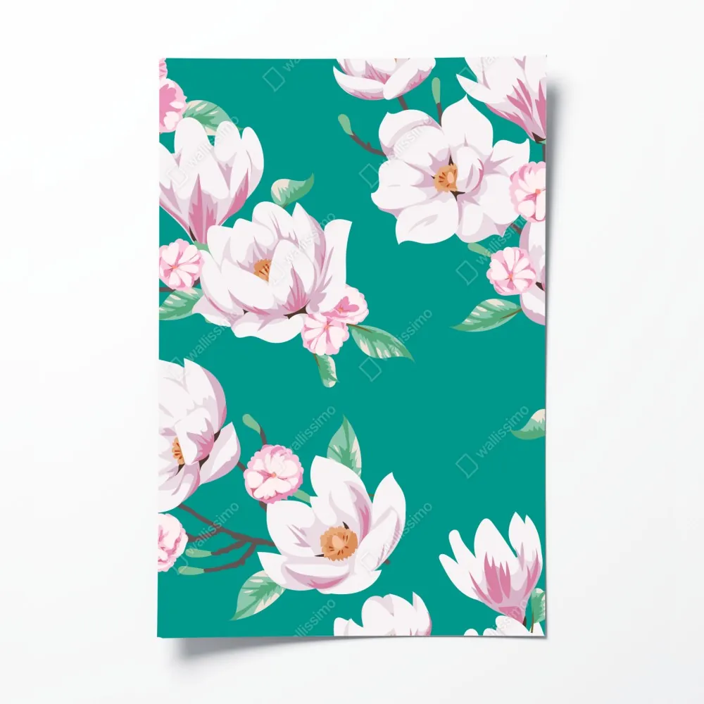 Plakat pastelowy wzór magnolii na turkusowym tle – Wallissimo® Plakat pastelowy wzór magnolii na turkusowym tle – Wallissimo®