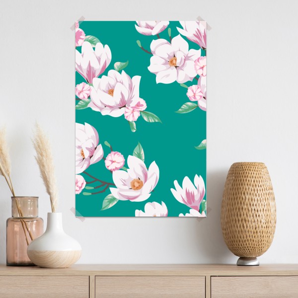 Plakat pastelowy wzór magnolii na turkusowym tle – Wallissimo® Plakat pastelowy wzór magnolii na turkusowym tle – Wallissimo®