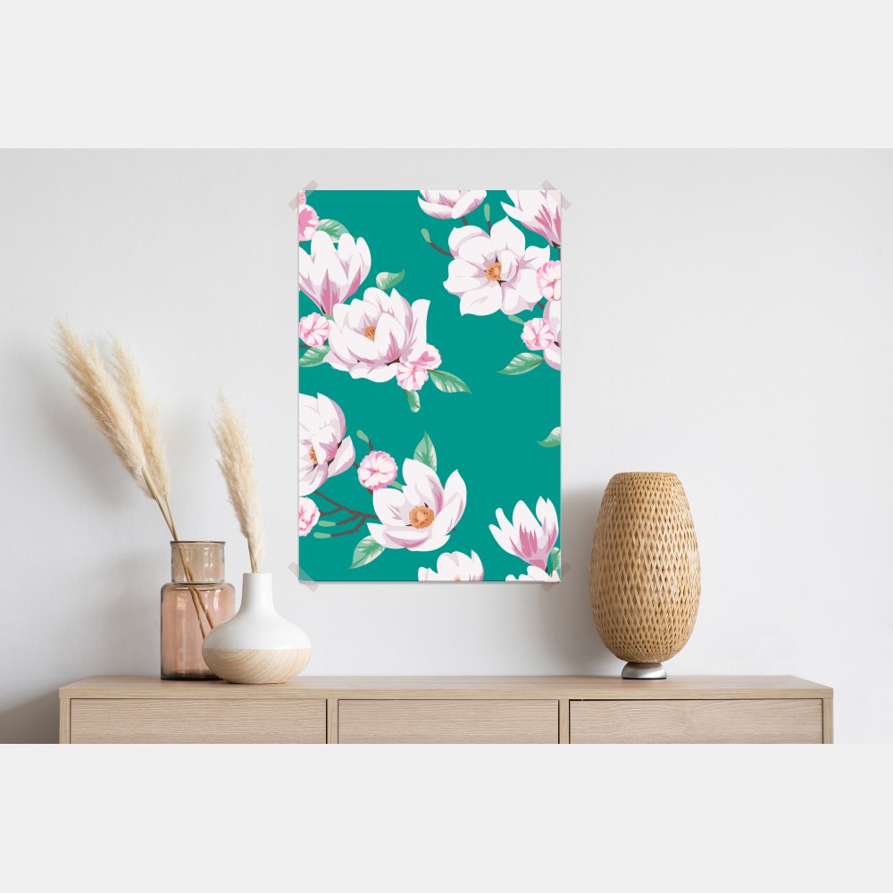Plakat pastelowy wzór magnolii na turkusowym tle – Wallissimo® Plakat pastelowy wzór magnolii na turkusowym tle – Wallissimo®