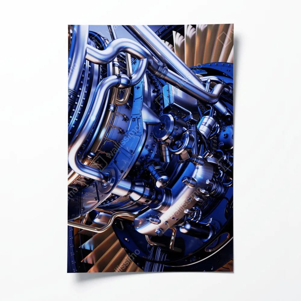 Plakat zbliżenie turbiny silnika odrzutowego w niebieskich i pomarańczowych tonach – Wallissimo® Plakat zbliżenie turbiny silnika odrzutowego w niebieskich i pomarańczowych tonach – Wallissimo®
