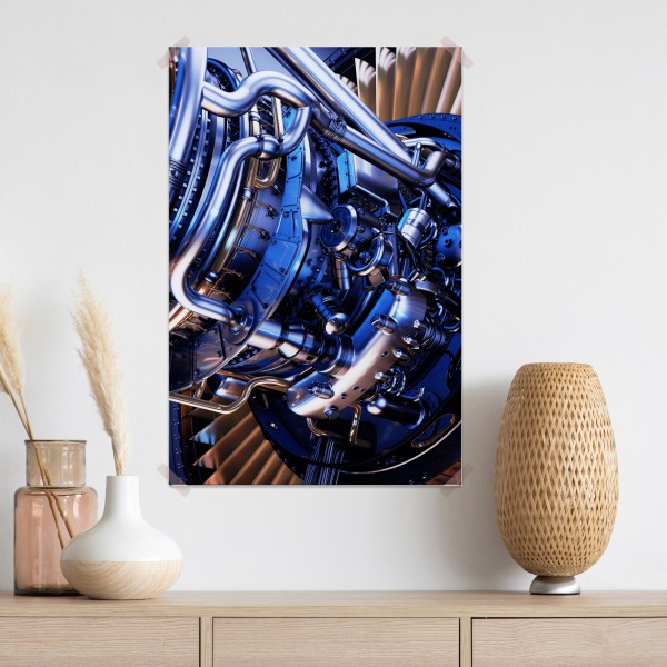 Plakat zbliżenie turbiny silnika odrzutowego w niebieskich i pomarańczowych tonach – Wallissimo® Plakat zbliżenie turbiny silnika odrzutowego w niebieskich i pomarańczowych tonach – Wallissimo®
