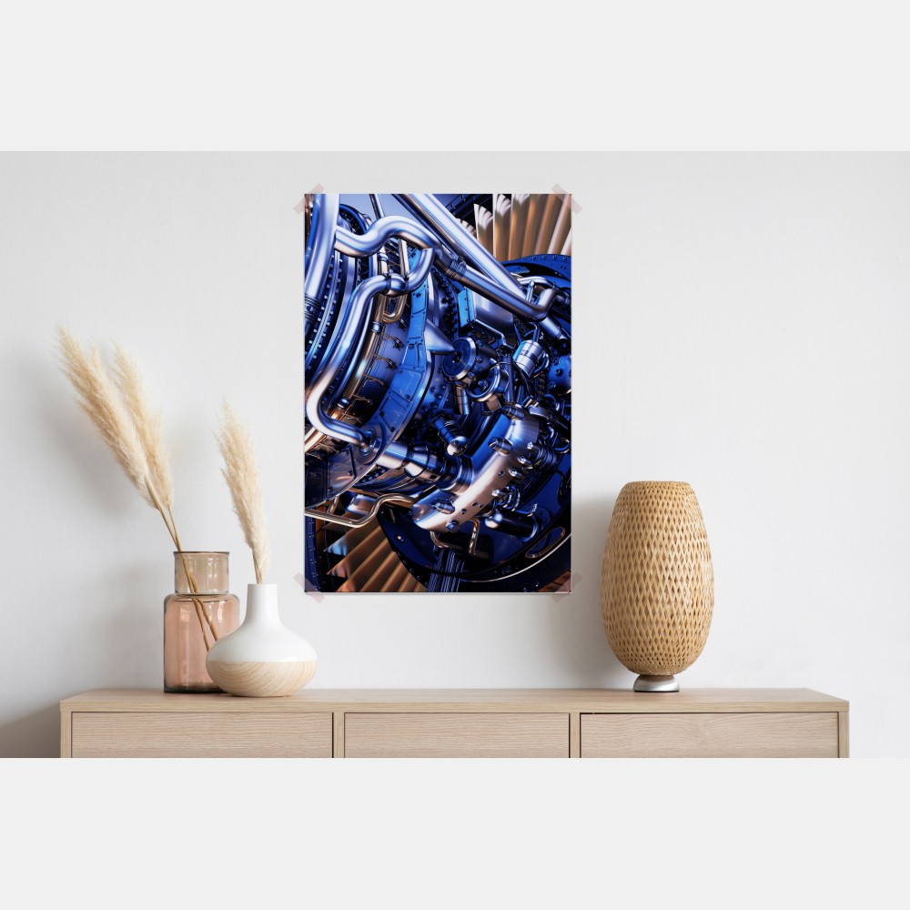 Plakat zbliżenie turbiny silnika odrzutowego w niebieskich i pomarańczowych tonach – Wallissimo® Plakat zbliżenie turbiny silnika odrzutowego w niebieskich i pomarańczowych tonach – Wallissimo®