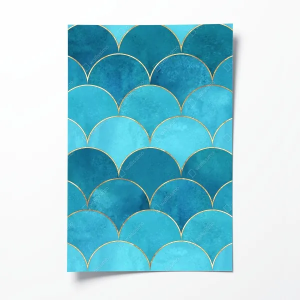 Plakat turkusowy wzór łusek z złotymi detalami