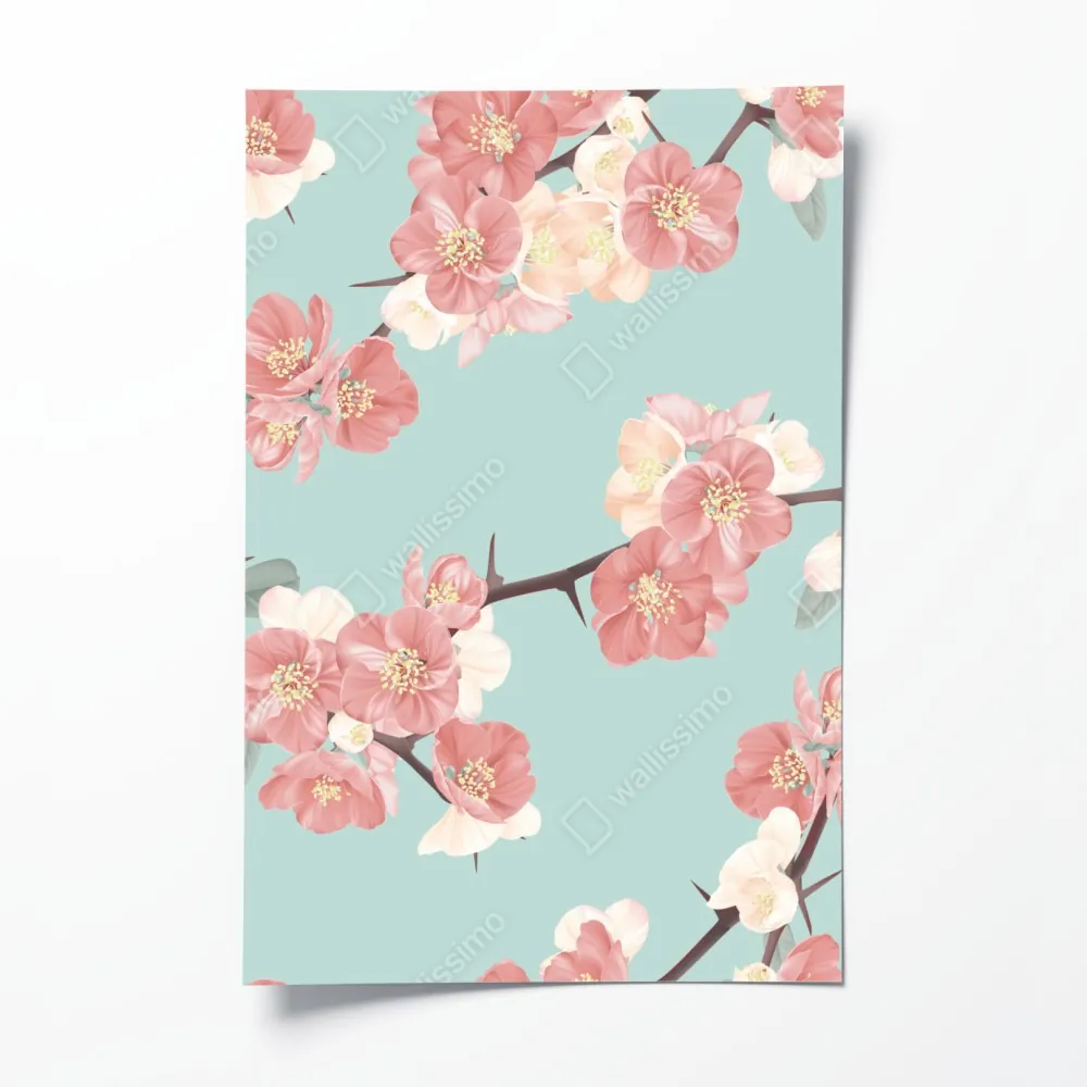 Plakat pastelowy wzór kwiatów wiśni na miętowym tle – Wallissimo® Plakat pastelowy wzór kwiatów wiśni na miętowym tle – Wallissimo®