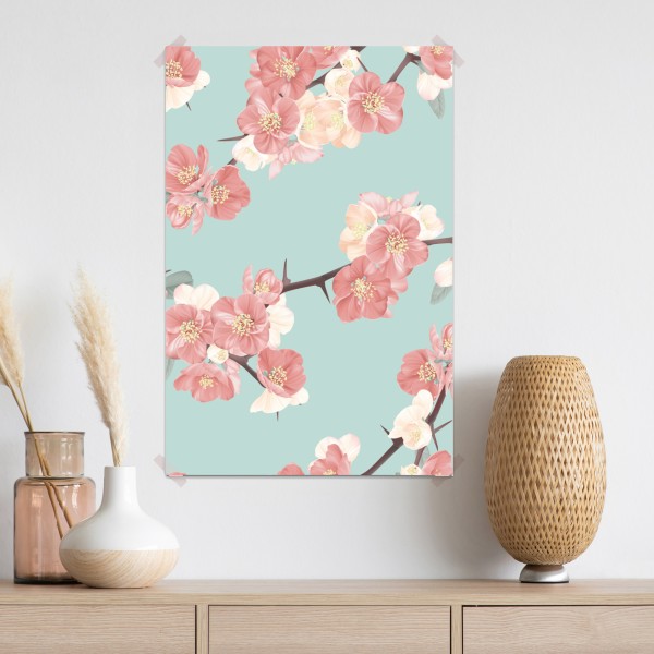 Plakat pastelowy wzór kwiatów wiśni na miętowym tle – Wallissimo® Plakat pastelowy wzór kwiatów wiśni na miętowym tle – Wallissimo®
