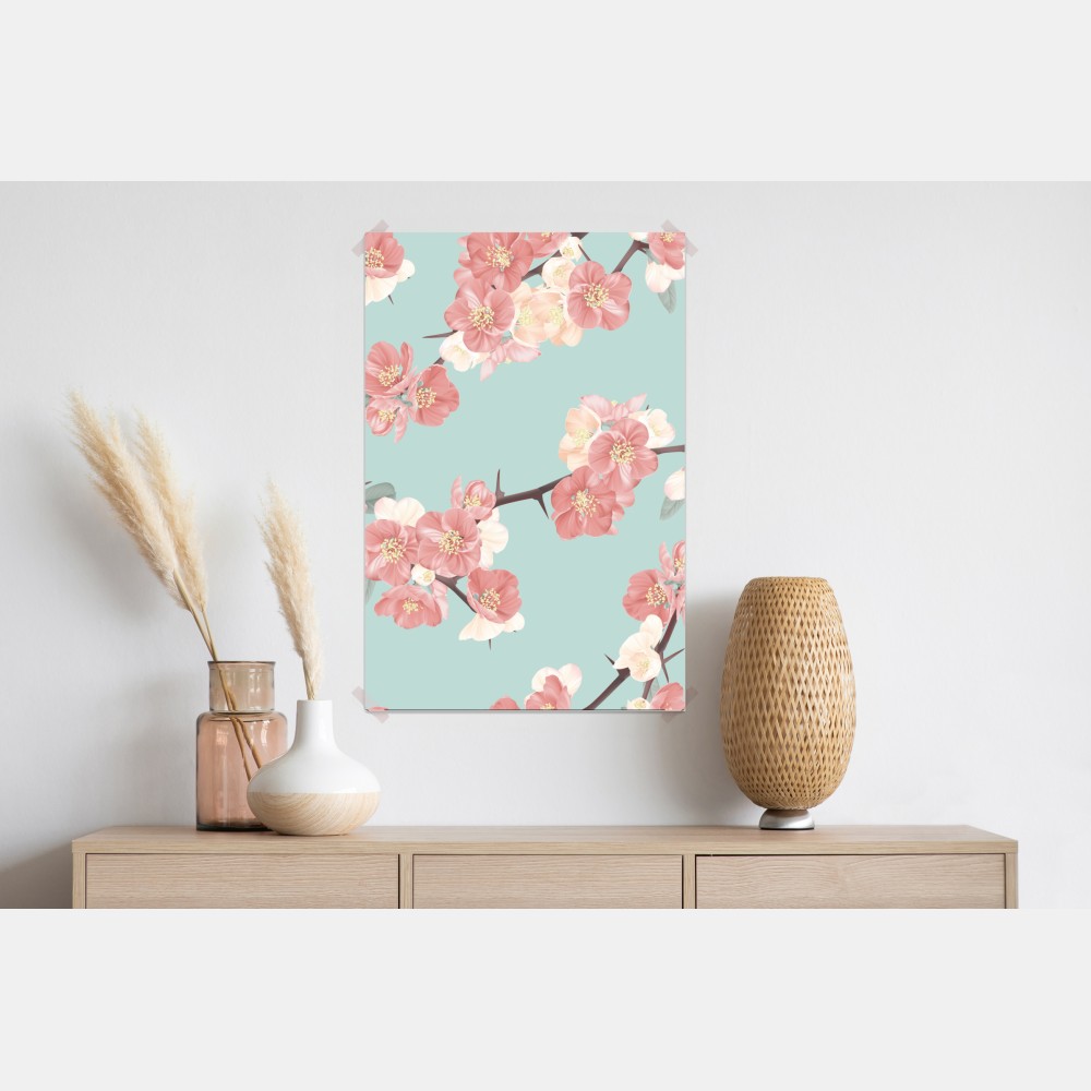 Plakat pastelowy wzór kwiatów wiśni na miętowym tle – Wallissimo® Plakat pastelowy wzór kwiatów wiśni na miętowym tle – Wallissimo®
