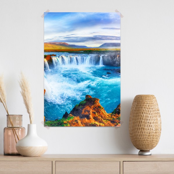 Plakat panorama wodospadu Godafoss o wschodzie słońca
