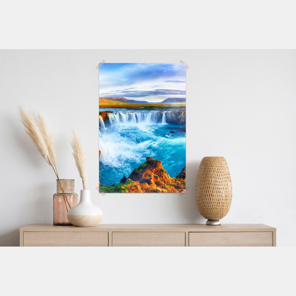 Plakat panorama wodospadu Godafoss o wschodzie słońca – Wallissimo® Plakat panorama wodospadu Godafoss o wschodzie słońca – Wallissimo®