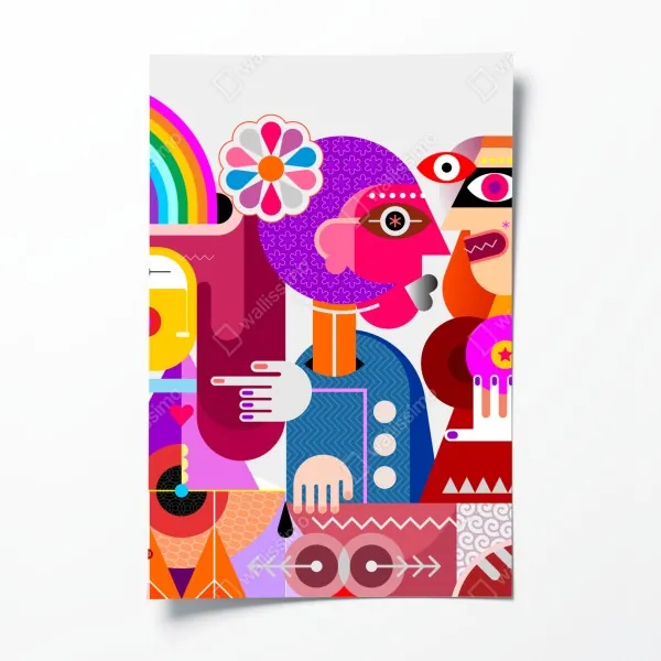 Plakat mężczyzna z tęczą jadący na geometrycznym ptaku