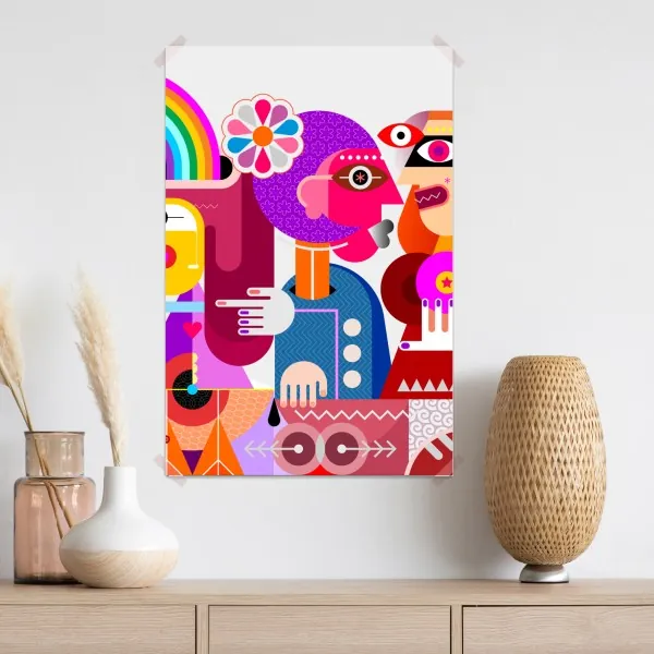 Plakat mężczyzna z tęczą jadący na geometrycznym ptaku