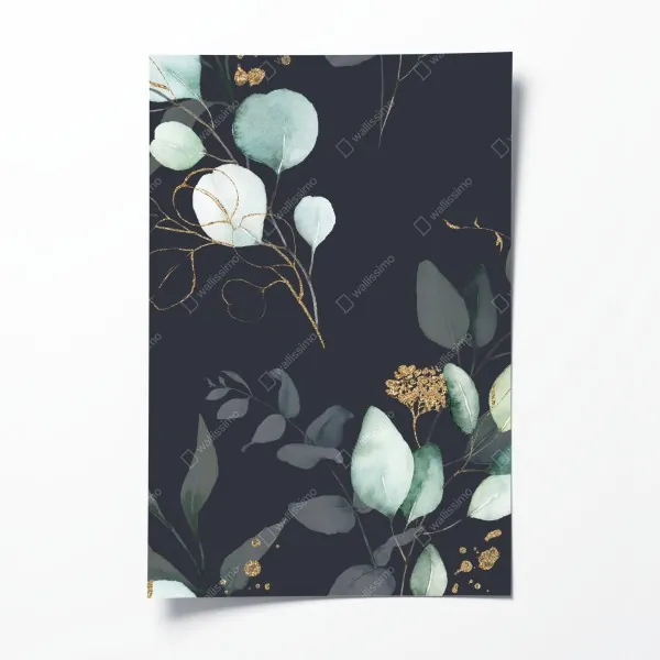 Plakat eukaliptusowe liście akwarelowe na ciemnym tle