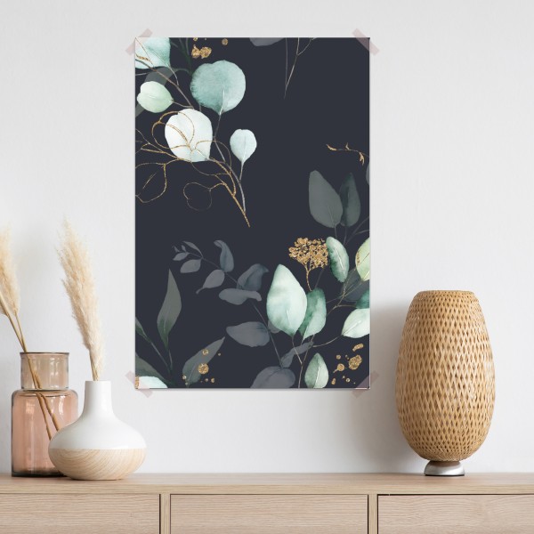 Plakat eukaliptusowe liście akwarelowe na ciemnym tle – Wallissimo® Plakat eukaliptusowe liście akwarelowe na ciemnym tle – Wallissimo®