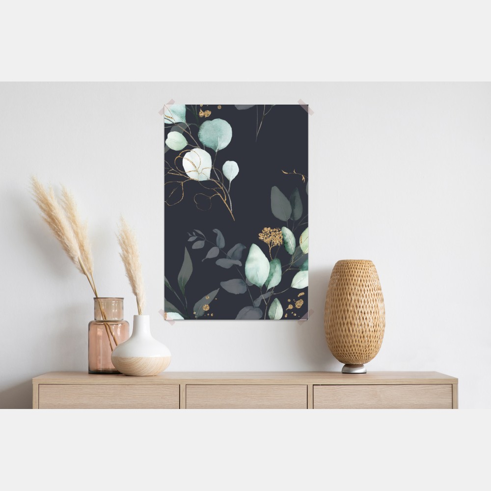 Plakat eukaliptusowe liście akwarelowe na ciemnym tle – Wallissimo® Plakat eukaliptusowe liście akwarelowe na ciemnym tle – Wallissimo®