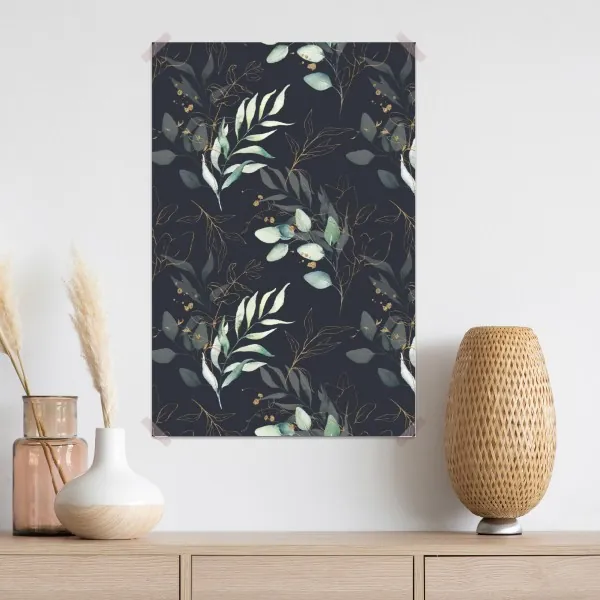 Plakat akwarelowe liście eukaliptusa na ciemnym tle