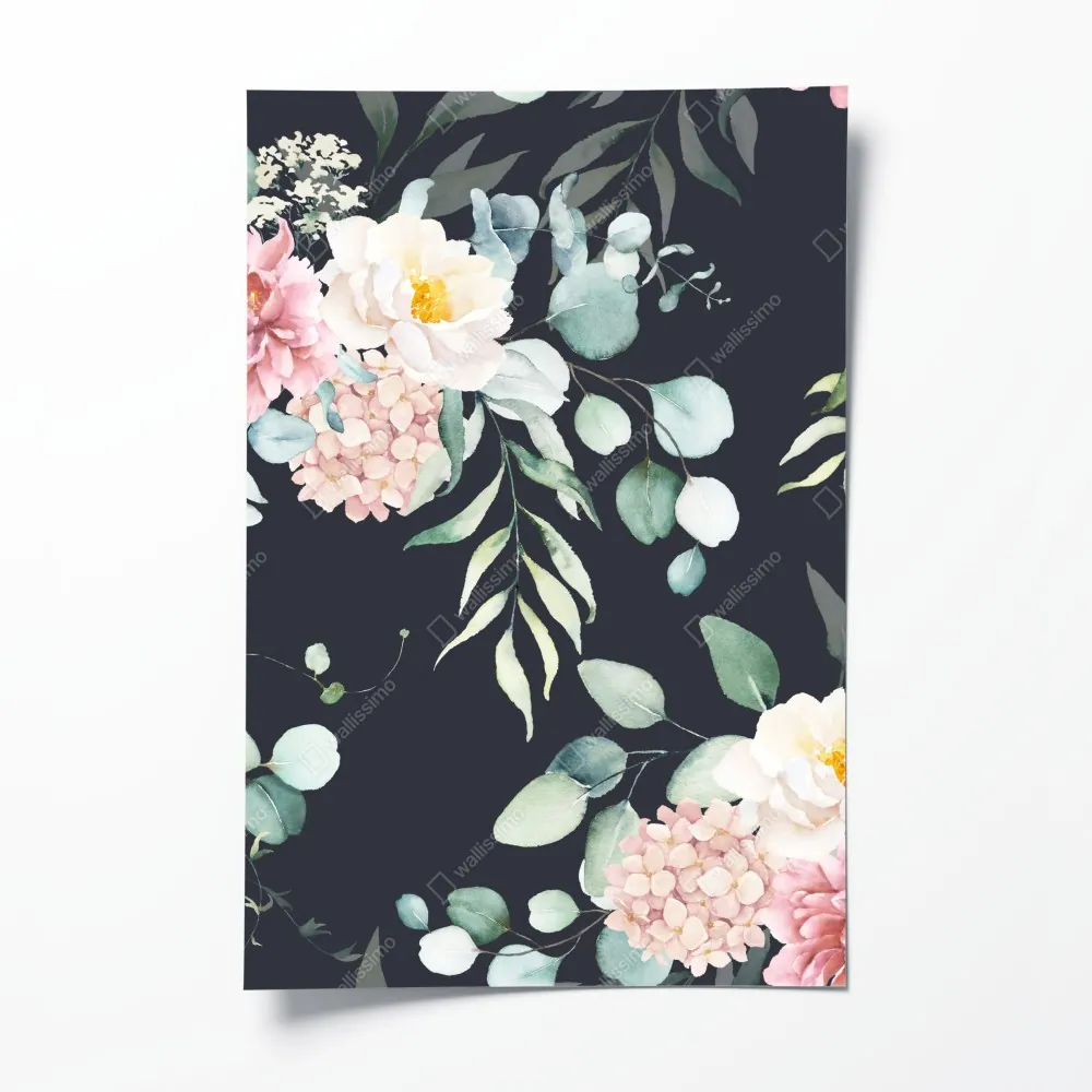 Plakat elegancki akwarelowy wzór kwiatowy na ciemnym tle – Wallissimo® Plakat elegancki akwarelowy wzór kwiatowy na ciemnym tle – Wallissimo®