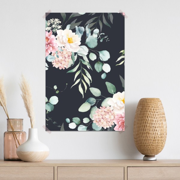 Plakat elegancki akwarelowy wzór kwiatowy na ciemnym tle – Wallissimo® Plakat elegancki akwarelowy wzór kwiatowy na ciemnym tle – Wallissimo®