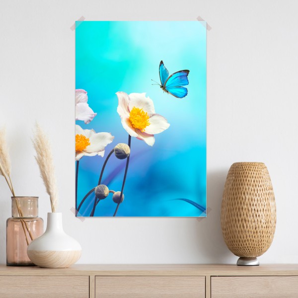 Plakat delikatne różowe anemony i niebieski motyl – Wallissimo® Plakat delikatne różowe anemony i niebieski motyl – Wallissimo®