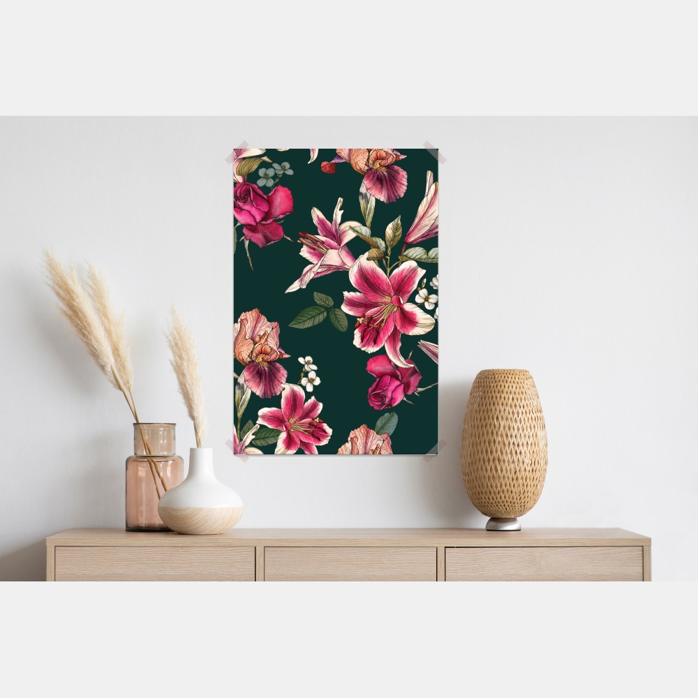 Plakat vintage botaniczny wzór kwiatowy na głębokiej zieleni – Wallissimo® Plakat vintage botaniczny wzór kwiatowy na głębokiej zieleni – Wallissimo®