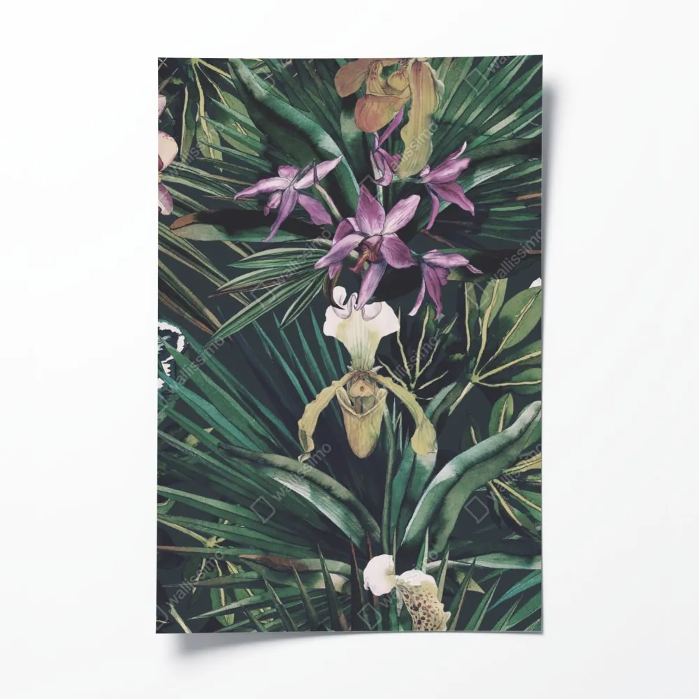 Plakat tropikalne akwarelowe orchidee i liście palmowe – Wallissimo® Plakat tropikalne akwarelowe orchidee i liście palmowe – Wallissimo®