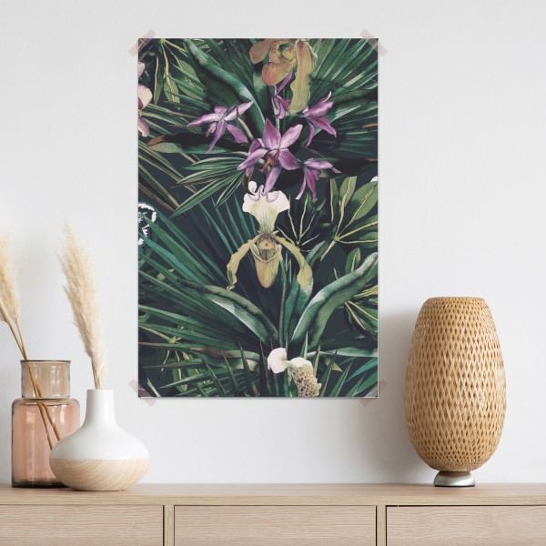 Plakat tropikalne akwarelowe orchidee i liście palmowe – Wallissimo® Plakat tropikalne akwarelowe orchidee i liście palmowe – Wallissimo®