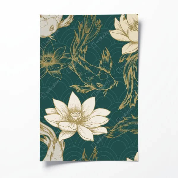 Plakat orientalny wzór koi i lotosów w turkusie i złocie