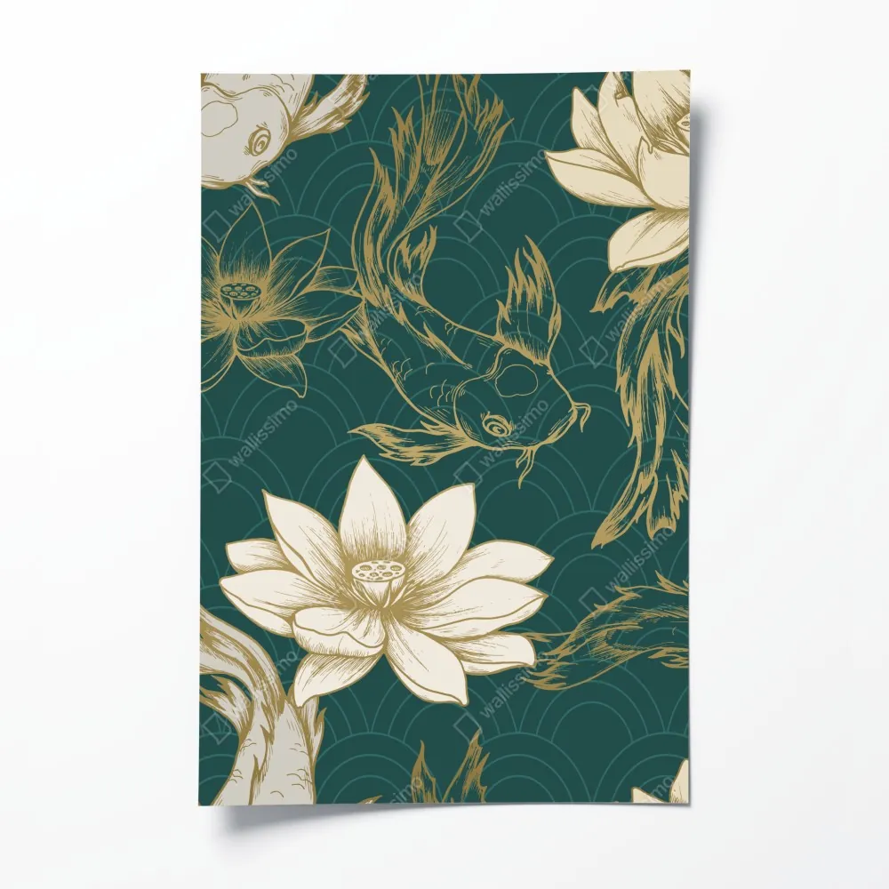 Plakat orientalny wzór koi i lotosów w turkusie i złocie – Wallissimo® Plakat orientalny wzór koi i lotosów w turkusie i złocie – Wallissimo®
