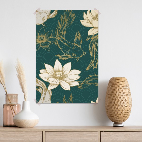 Plakat orientalny wzór koi i lotosów w turkusie i złocie – Wallissimo® Plakat orientalny wzór koi i lotosów w turkusie i złocie – Wallissimo®