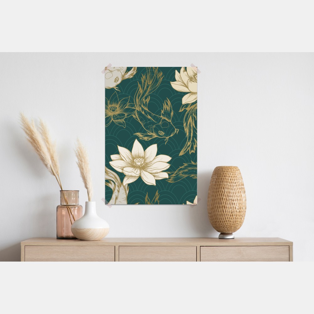 Plakat orientalny wzór koi i lotosów w turkusie i złocie – Wallissimo® Plakat orientalny wzór koi i lotosów w turkusie i złocie – Wallissimo®