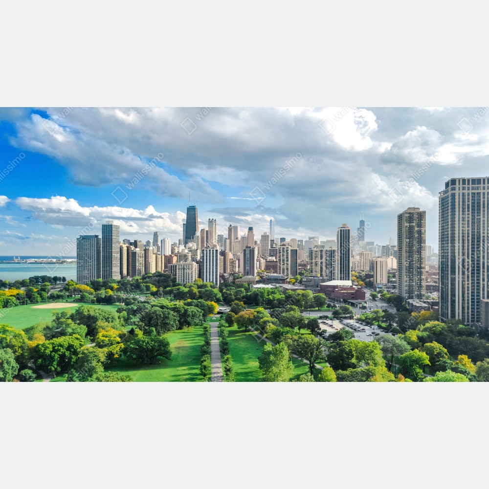 Plakat miejska panorama nad zielonym parkiem – Wallissimo® Plakat miejska panorama nad zielonym parkiem – Wallissimo®