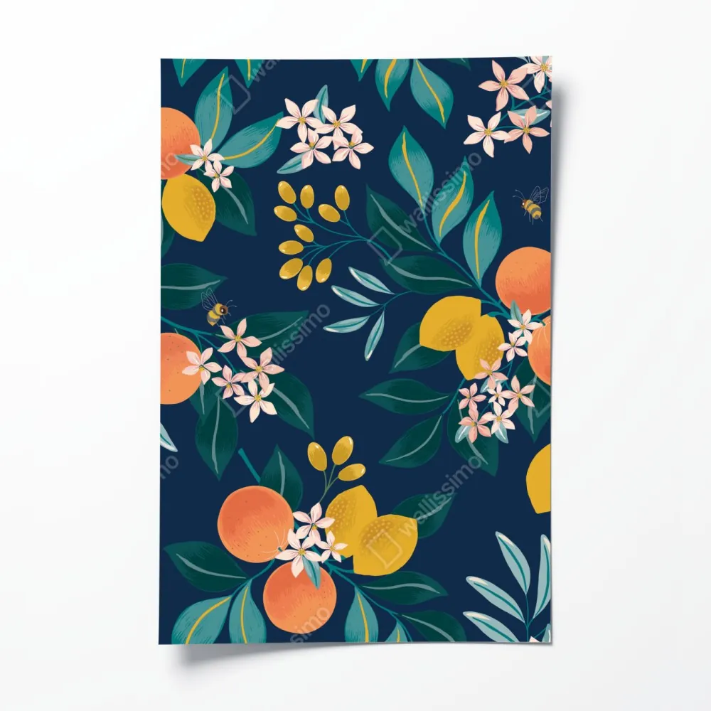 Plakat botaniczny wzór z kwiatami cytrusów na granatowym tle – Wallissimo® Plakat botaniczny wzór z kwiatami cytrusów na granatowym tle – Wallissimo®