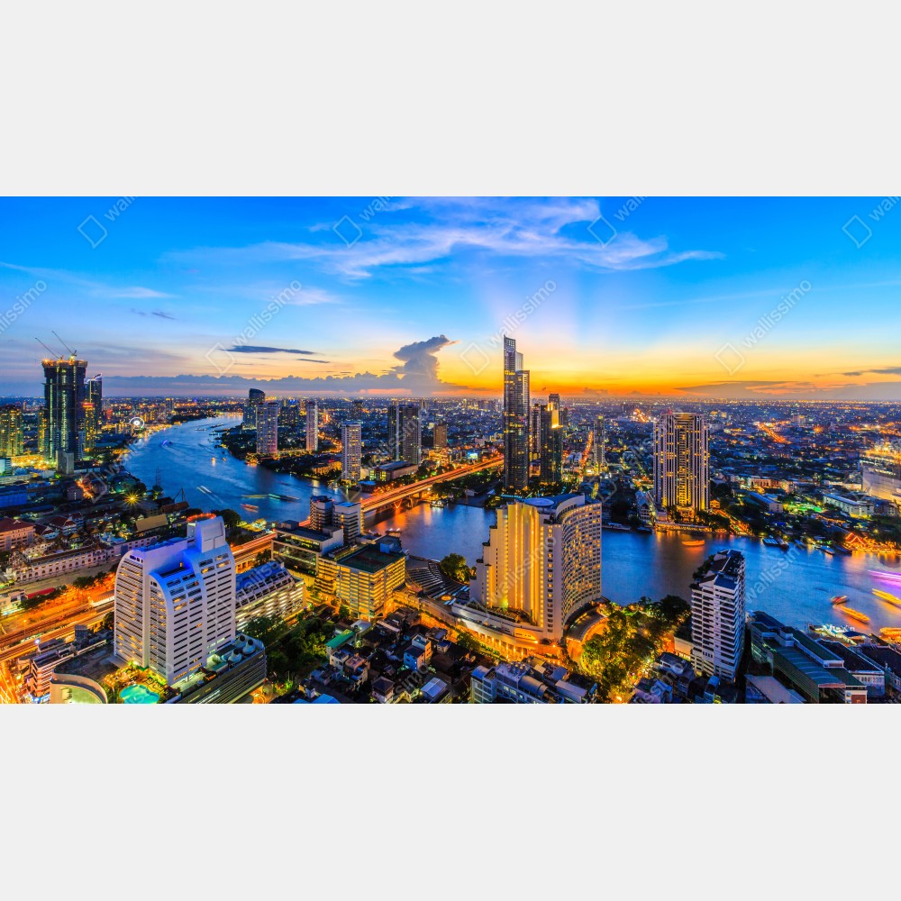 Plakat tętniąca życiem panorama miasta o zmierzchu – Wallissimo® Plakat tętniąca życiem panorama miasta o zmierzchu – Wallissimo®