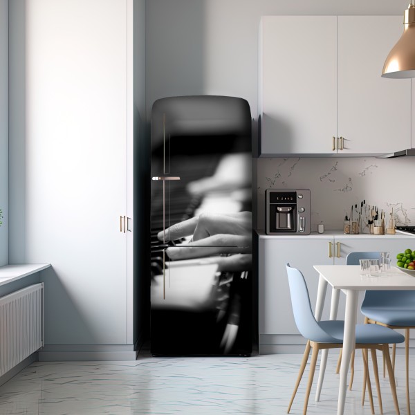 Naklejka na lodówkę ręce przy klawiaturze fortepianu w czerni i bieli – Wallissimo® Naklejka na lodówkę ręce przy klawiaturze fortepianu w czerni i bieli – Wallissimo®