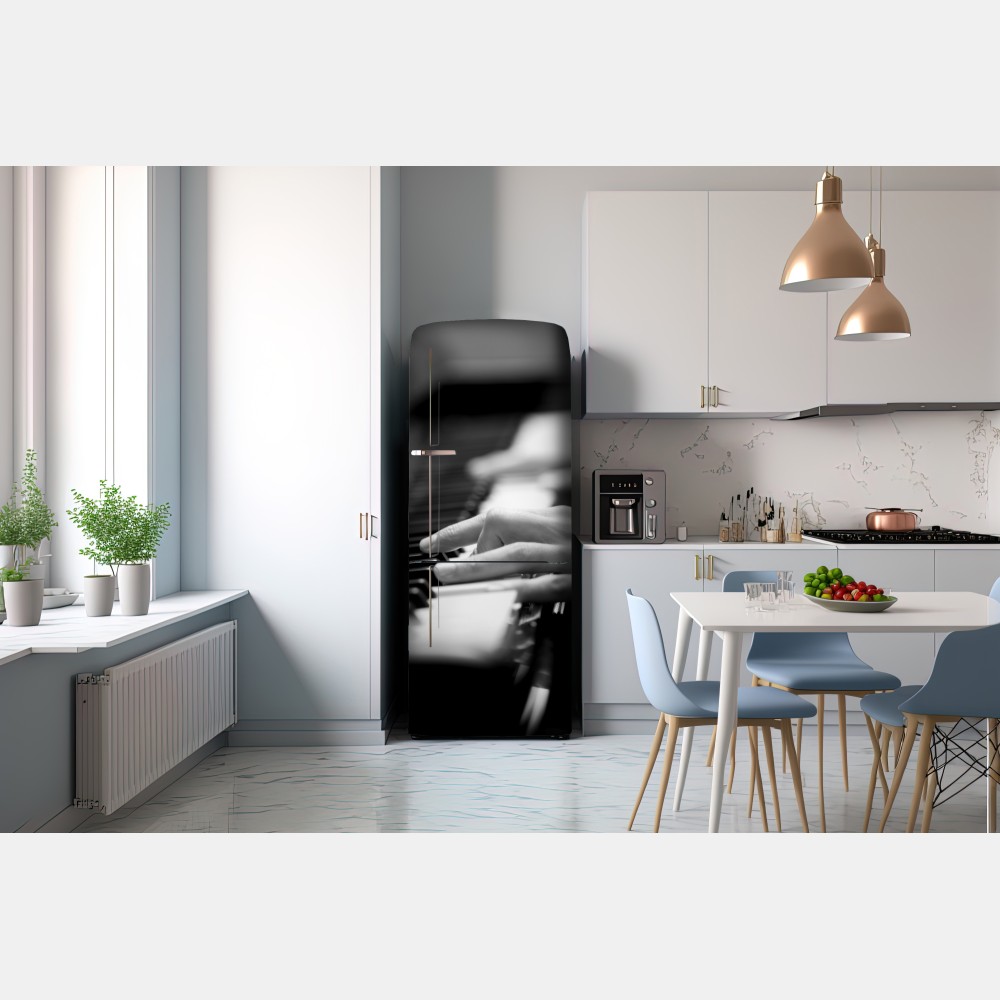 Naklejka na lodówkę ręce przy klawiaturze fortepianu w czerni i bieli – Wallissimo® Naklejka na lodówkę ręce przy klawiaturze fortepianu w czerni i bieli – Wallissimo®