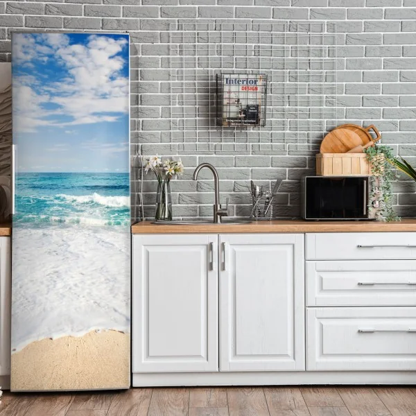 Naklejka na lodówkę turkusowe fale na piaszczystej plaży – Wallissimo® Naklejka na lodówkę turkusowe fale na piaszczystej plaży – Wallissimo®