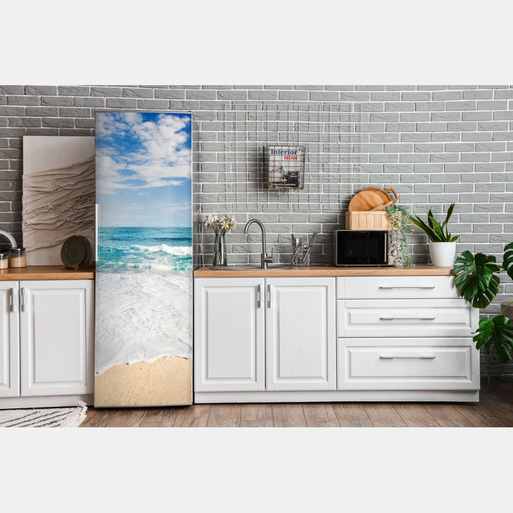 Naklejka na lodówkę turkusowe fale na piaszczystej plaży – Wallissimo® Naklejka na lodówkę turkusowe fale na piaszczystej plaży – Wallissimo®